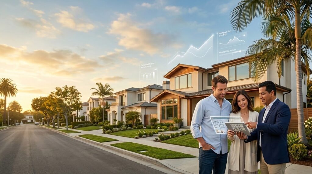 Couple reviewing a California home purchase with a real estate agent in a sunlit living room
