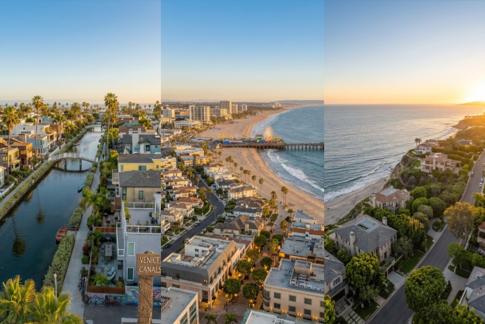 Aerial view comparing the coastal Los Angeles neighborhoods of Venice, Santa Monica, and Pacific Palisades