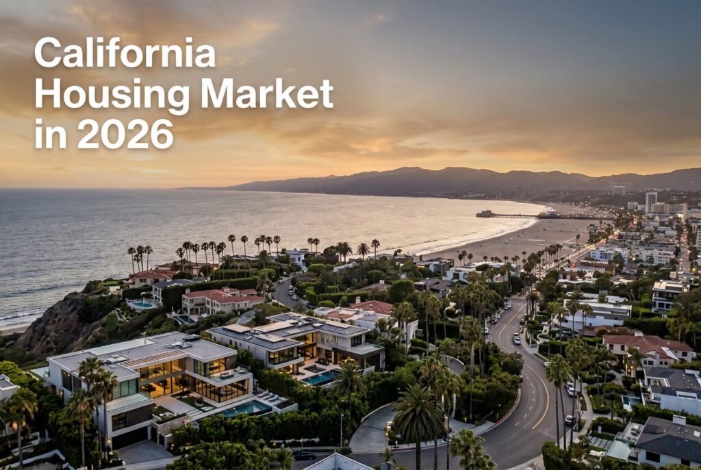 Aerial view of a California residential neighborhood representing trends in the California housing market 2026