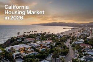 Aerial view of a California residential neighborhood representing trends in the California housing market 2026